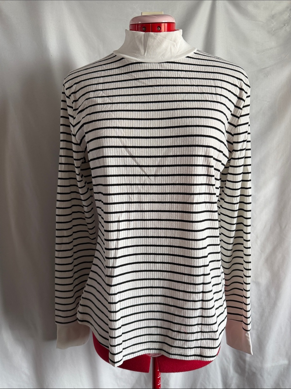 Women's Striped Mock Neck Long Sleeve Top - White/Black